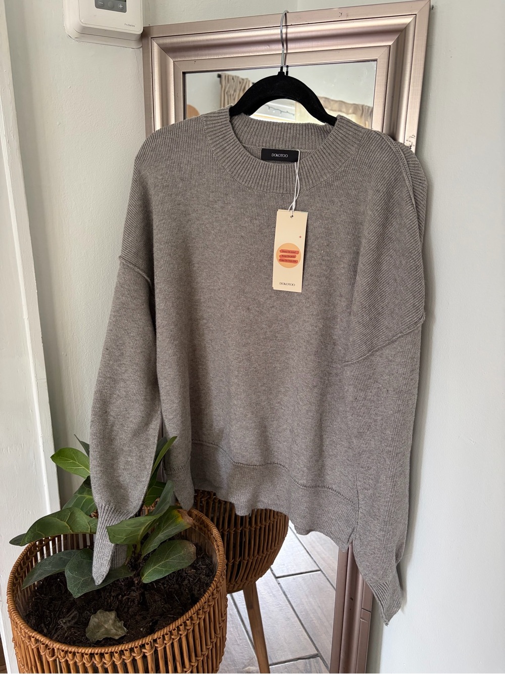 DOKOTOO NWT Gray Ribbed neck Knit Sweater Relaxed Crewneck Long Sleeve L